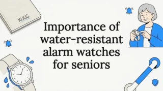 Decorative title card with senior watch, water drops, safety theme